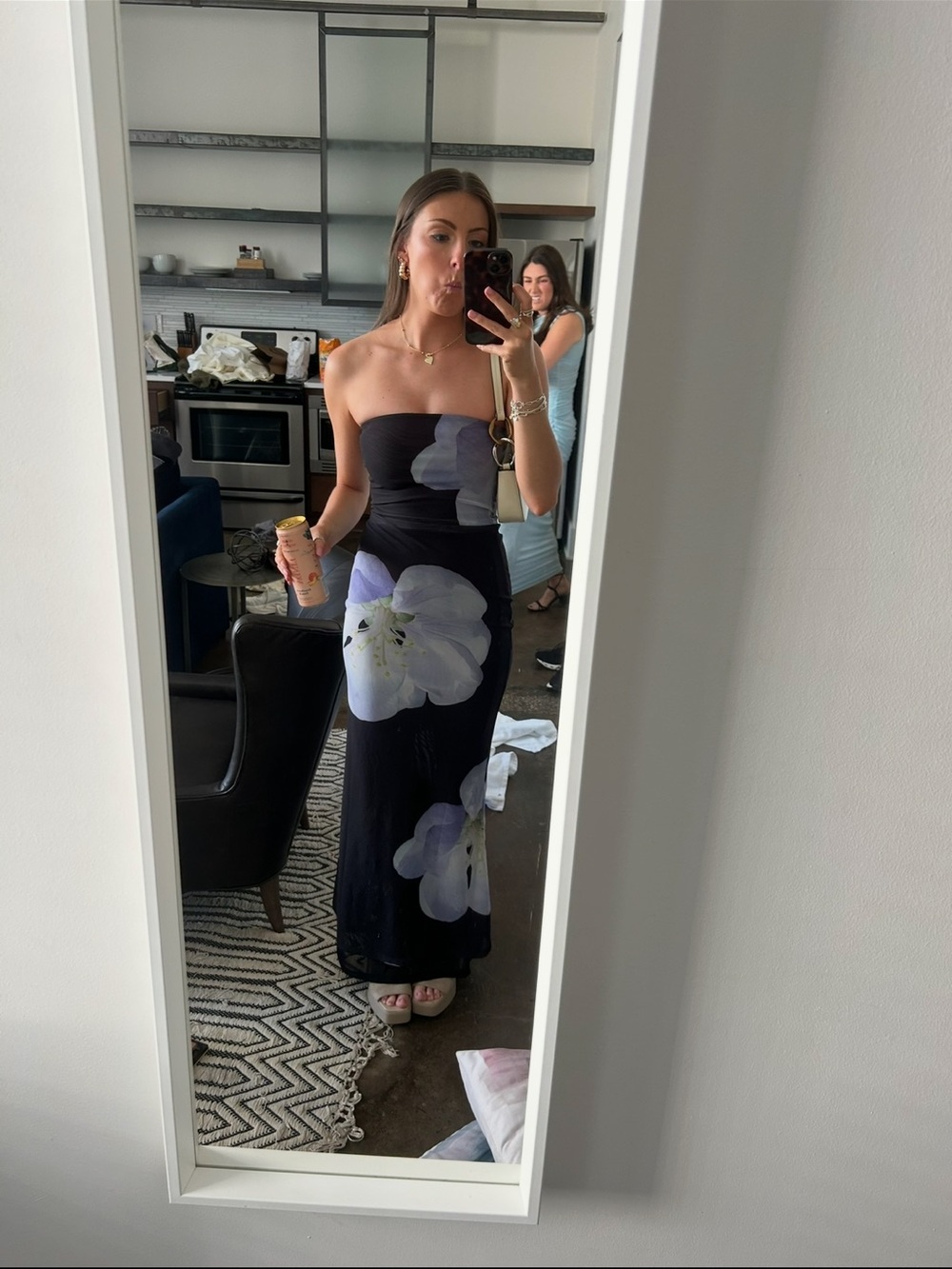 Peppermayo Black Strapless Maxi Dress with Large Lilac Floral Print